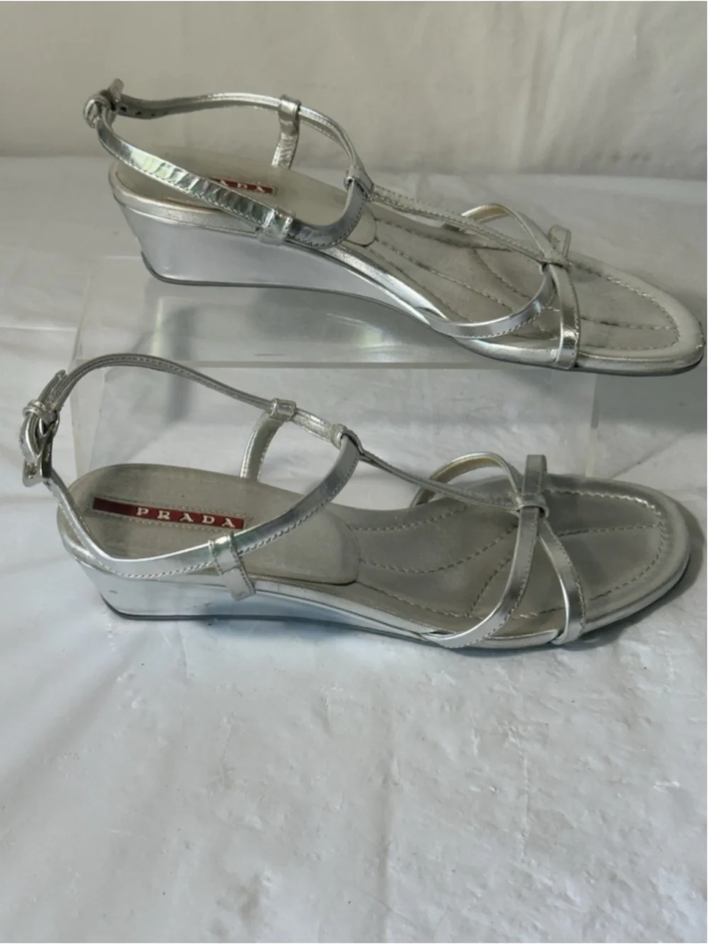 PRADA, Wedge Sandals, Silver Leather, size 6 1/2